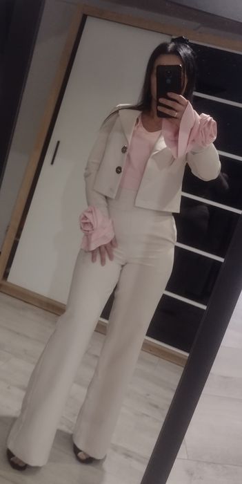 Garnitur damski ze spodniami, elegancki komplet, komunia, Święta , beż
