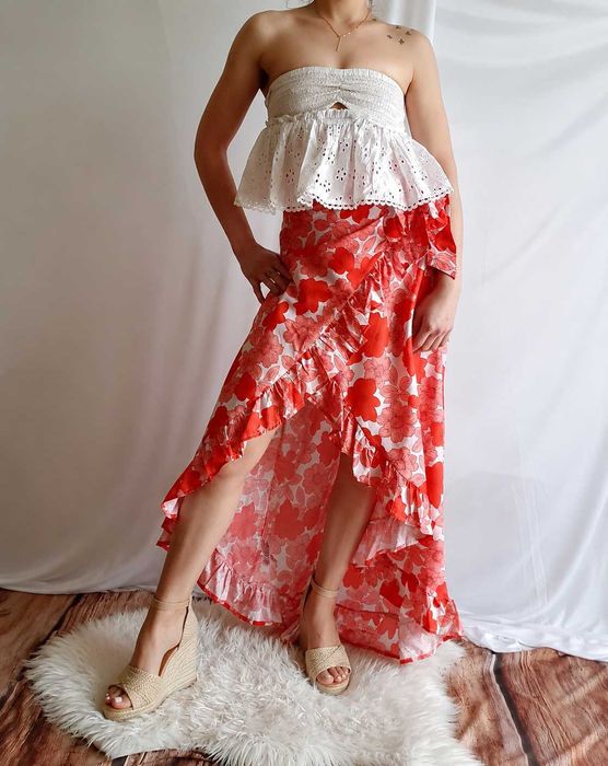 Spódnica Maxi z Rozcięciem Letnia z Falbanami Paskiem w Kwiaty Boohoo xs 34