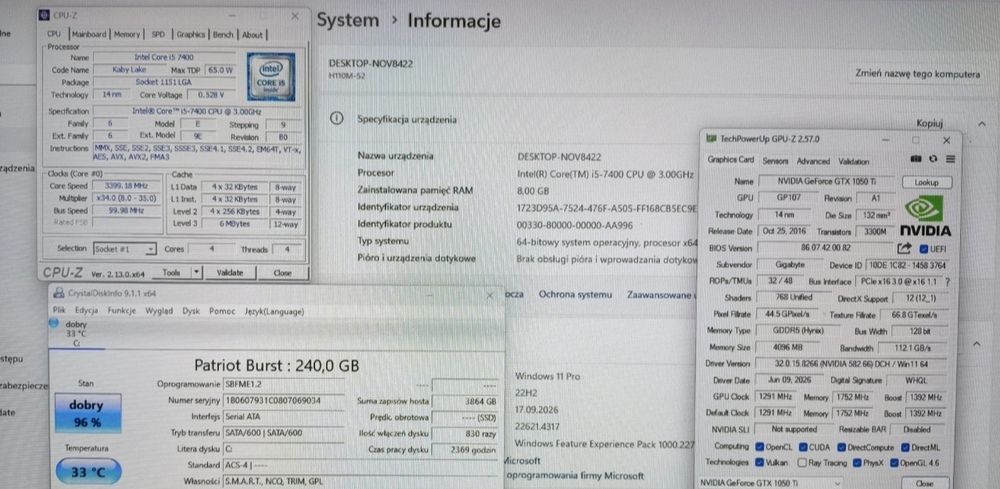 Komputer Gamingowy Intel Core i5 7400 3.5Ghz NVIDIA GTX 1050 Ti 4GB 8GB DDR4 SSD