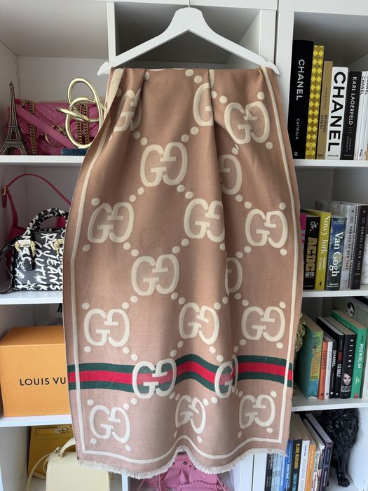 Duży szalik Gucci monogram szal dwustronny beżowy premium