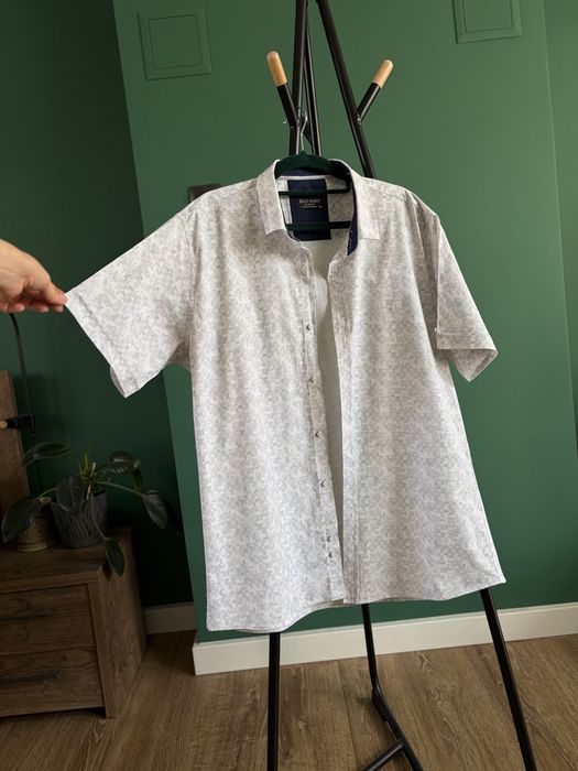 Koszula krótki rękaw kołnierz biała szara bawełna cotton nietypowa wzór wzory Ego Man slim fit XXL