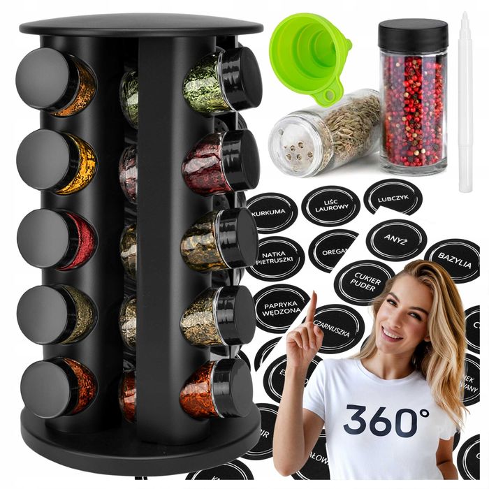 Stojak na przyprawy obrotowy Organizer Sloiczki szklane NaklejkiZestaw
