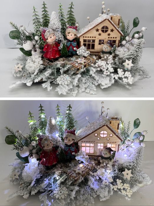 Stroik świąteczny zimowy z domkiem dziećmi misiem choinkami LED