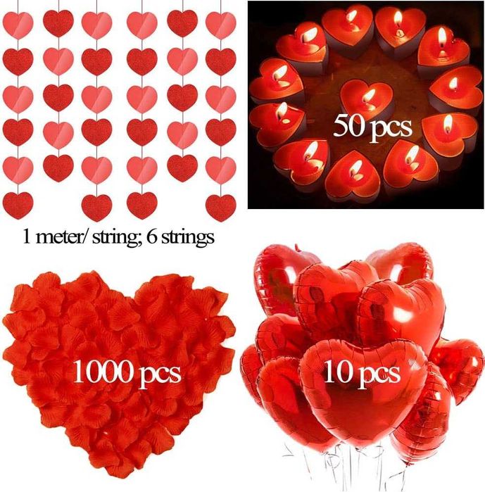 Decoração de balões, pétalas de rosa e velas