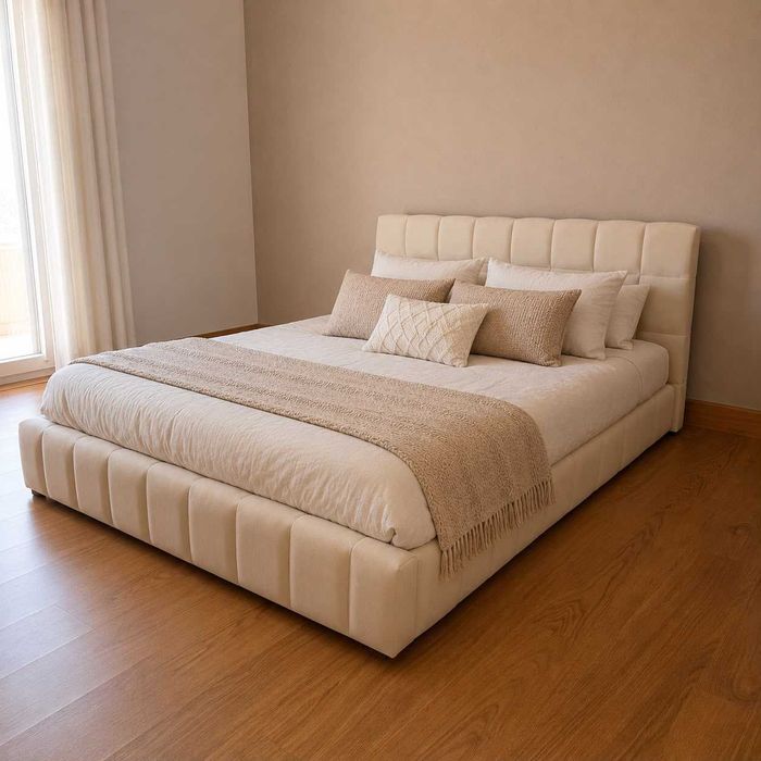 Cama de casal bege de veludo 140x200cm c/armazenamento (Nova)