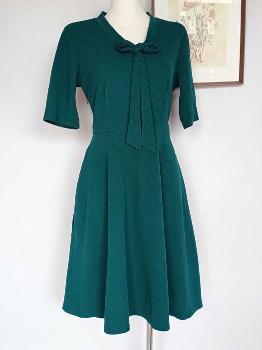 Butelkowa zieleń sukienka rozkloszowana wiązanie pod szyją retro XXL 44 kieszenie