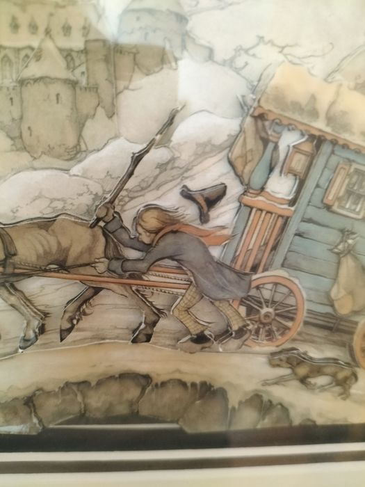 Vintage obraz 3D Anton Pieck Wóz na oblodzonym moście