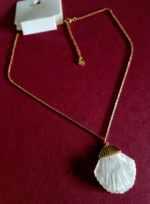 Colar dourado, em aço, com concha em madrepérola.  Tem extensor.