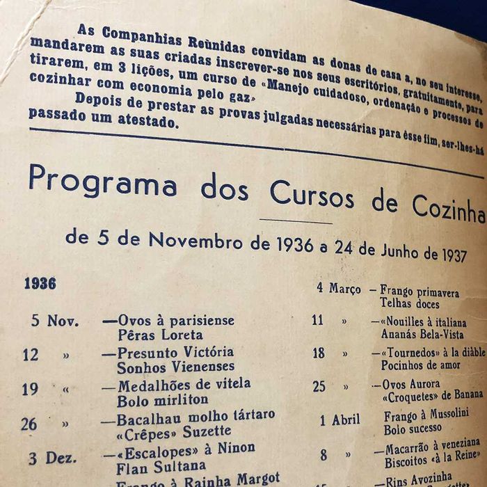 Receitas executadas nos CURSOS de COZINHA C. R. G. E. (1936 e 1937)