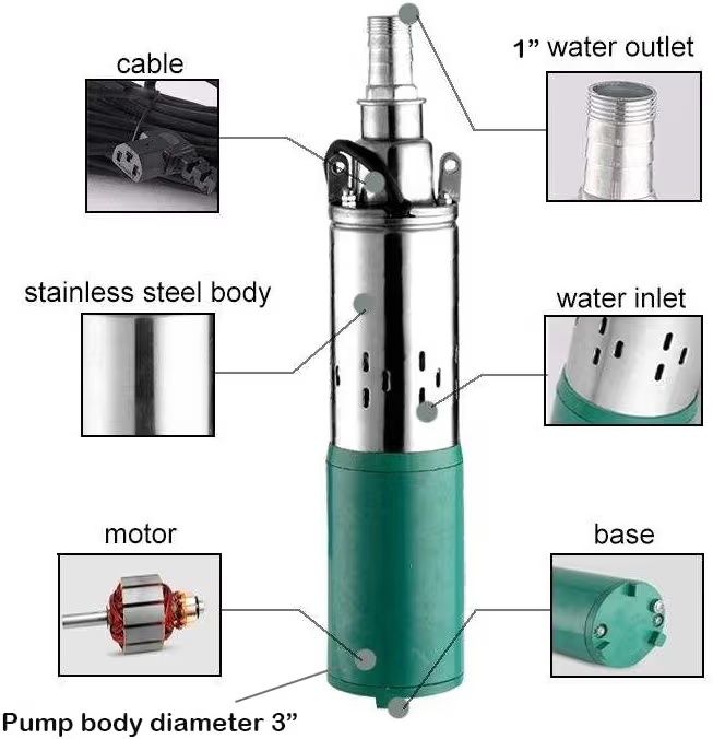 Bomba de poço submersível solar DC 24V 260W Poço profundo 3" Tubo Para