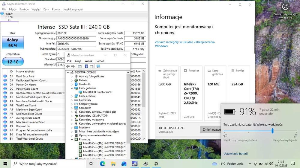 Lenovo L470, SSD 240/8g DDR4, Core i5-7200 ,bateria 87,8% 62,4 Wh, Bios 2023 r.
