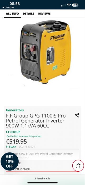 Инверторный бензиновый генератор FF Group GPG 1100 is PRO, 1.1кВт