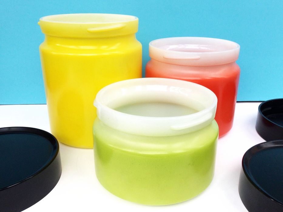 Conjunto de 3 Frascos Antigos de Vidro Colorido, anos 60, EUA