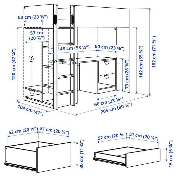 Cama Beliche com secretária e estante Ikea (SMÅSTAD)