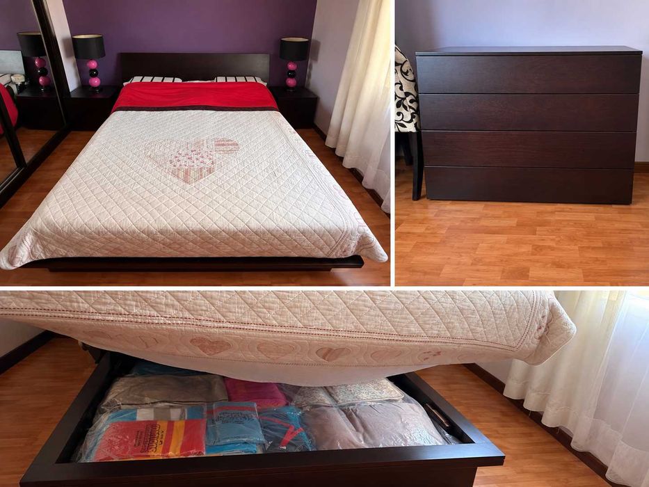 Conjunto de quarto – Cama de casal com arrumação + Mesas de cabeçeira +Cómoda | Wengué