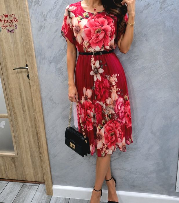 Elegancka sukienka 38 midi w kwiaty plisowana wesele lato