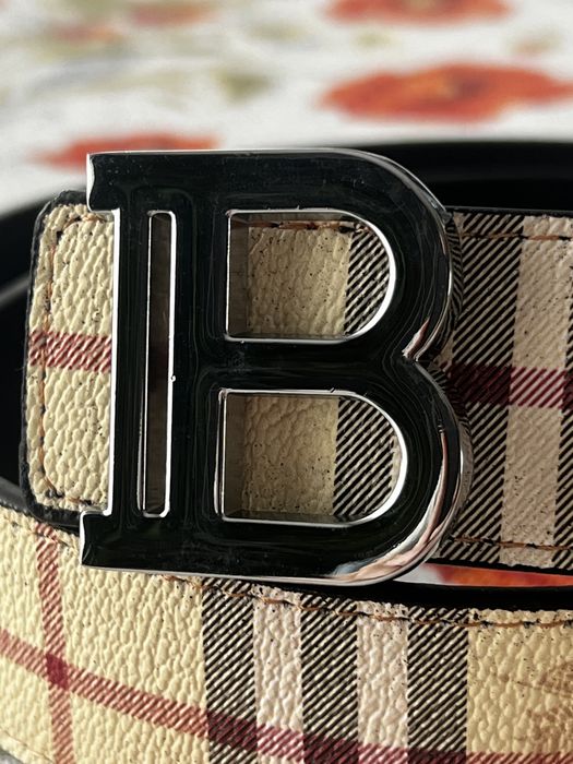 Pasek beżowy w stylu Burberry srebrna klamra pattern
