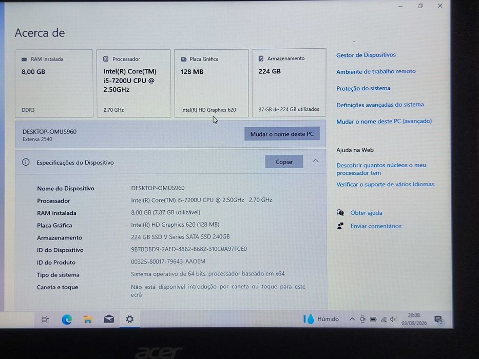 Acer EX2540 - i5 7ª ger + 8gb + 240Gb ssd
