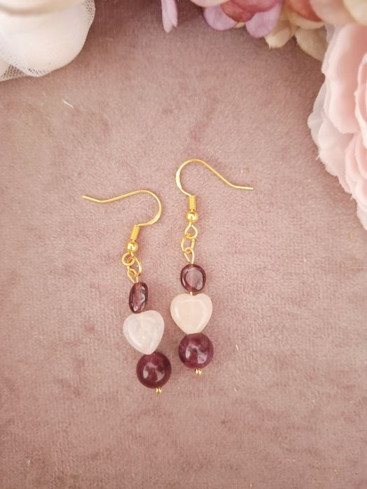 Kolczyki handmade srebro pozłacane z naturalnych kamieni granat topaz