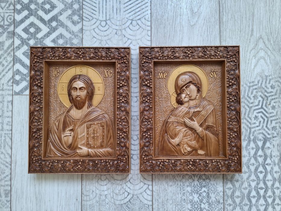 Пара ікон з дерева, вінчальні ікони, Богородиця, Ісус, свадебные иконы