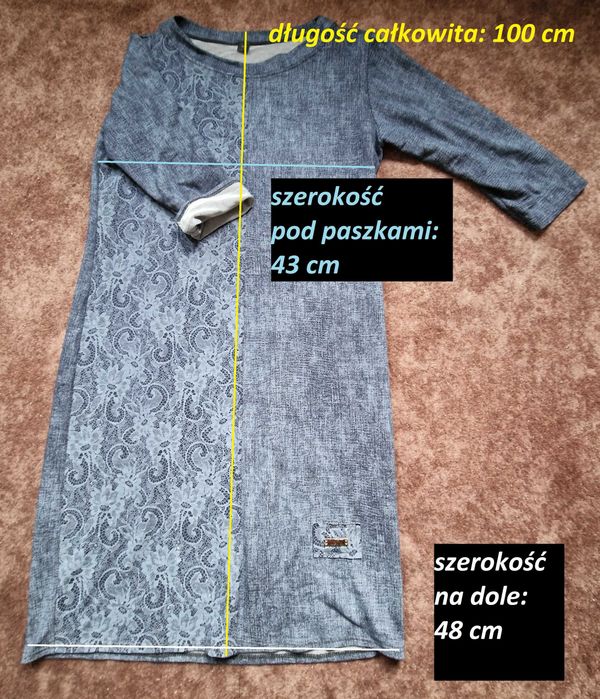 Sukienka szaro – granatowa klasyczna do kolan długi rękaw XL