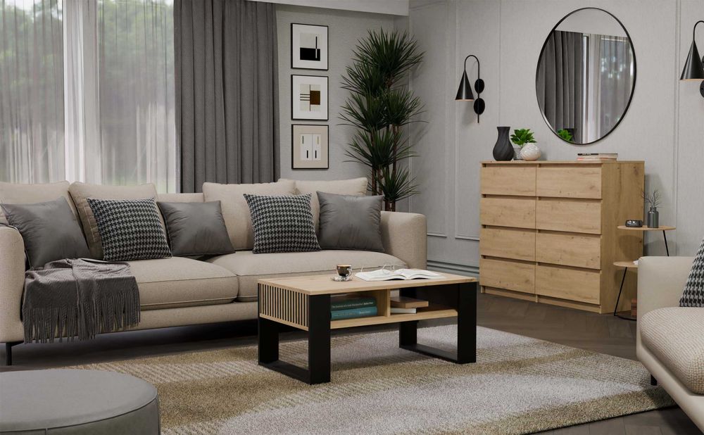 Stolik Kawowy MODERN 2P SLIM Ława z 2 Półkami  DĄB ARTISAN / CZARNY