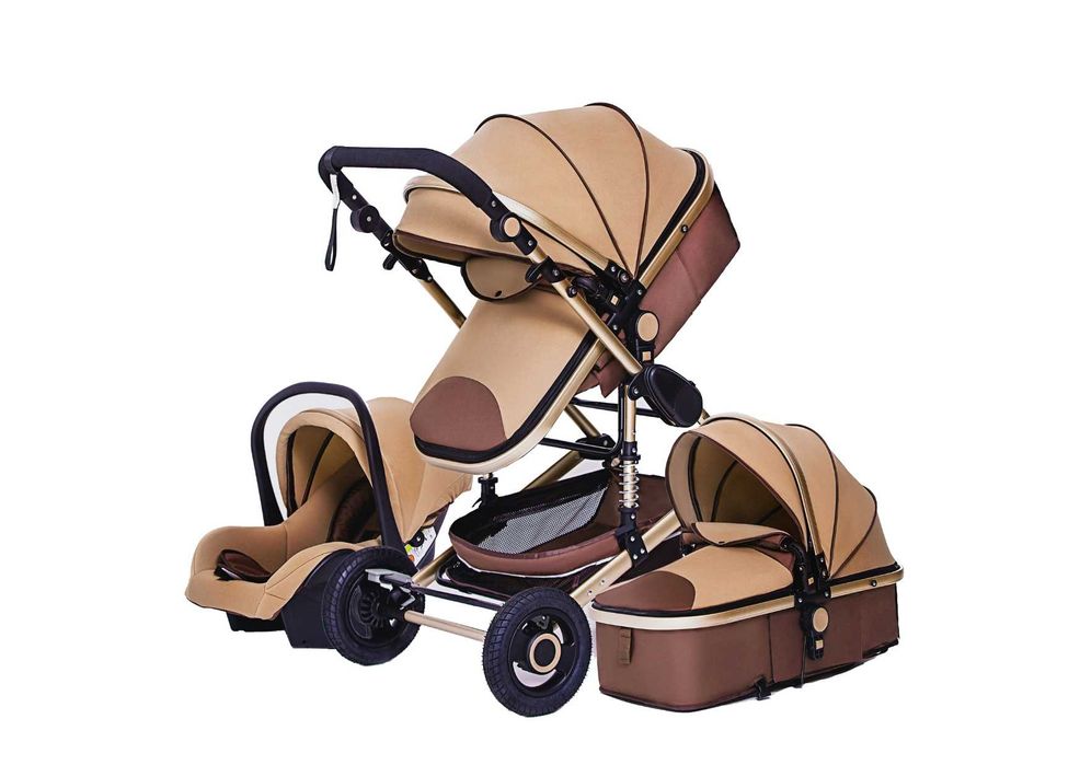WÓZEK DZIECIĘCY 3W1 Brązowy Spacerówka Gondola Fotelik + Akcesoria
