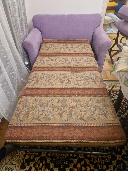 Sofa  PRL " amerykanka",nowa tapicerka, rozkładana, liliowa!