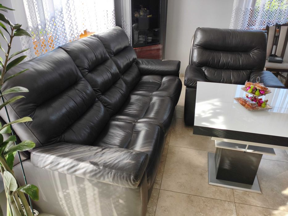 Sofa skórzana z funkcją spania + fotel z funkcją relax