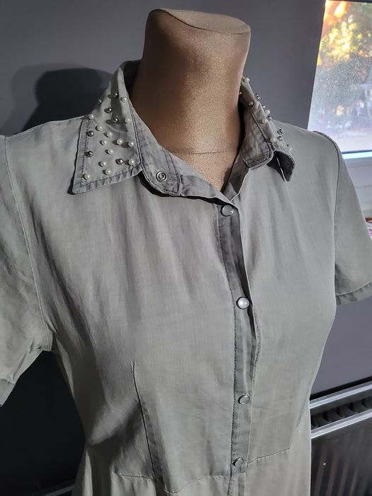 Sukienka cienki jeans Szara zapinana na guziki perły S M