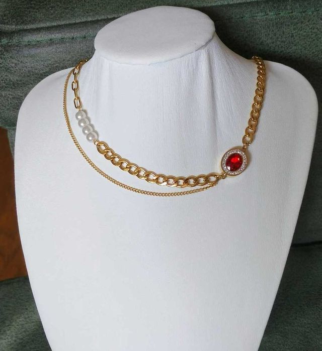Colar Aço Malha Grossa c/ Perolas e Pedra Vermelha NOVO - SALDO