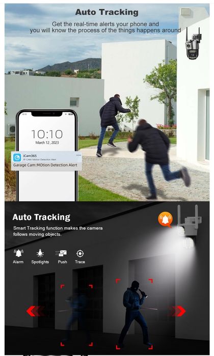 Câmera segurança, lente dupla HD 1080P 4MP, 9 luzes infravermelhos,