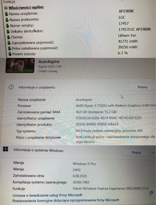 Acer Aspire 3 1TB 16Gb Ram AMD Ryzen 5 7520U Bateria 93,7% Windows 12