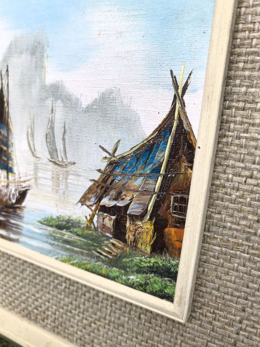 Obrazy olejne, azjatyckie łodzie, gruba warstwa farby, sygnowane