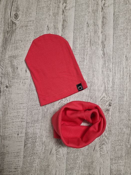 Czapka z kominem Mimi bawełniana kpl wiosenny prążkowany rozowy