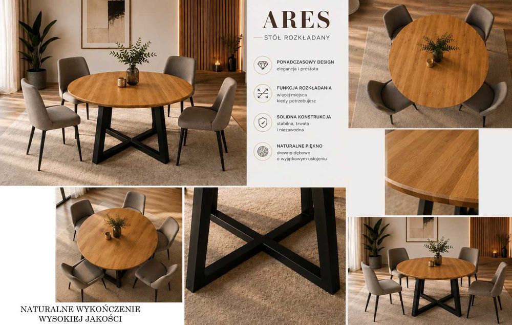 Nowoczesny stół loft z litego drewna dębowego | Okrągły | Rozkładany | Producent