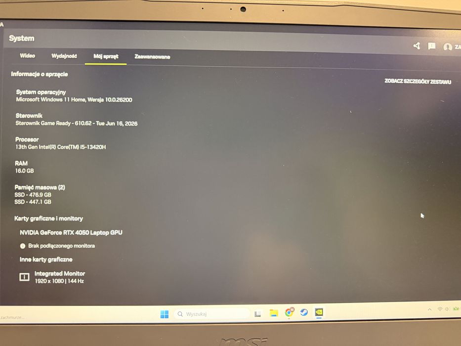 MSI thin 15 rtx 4050 144 hz jak nowy