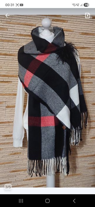 Piękny szal 50%kaszmir 50% wełna Cashmere r200x70 krata czarny czerwon