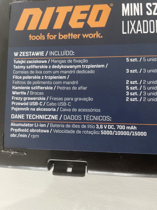Niteo Mini Szlifierka akumulatorowa 3,6V 700mAh 3 prędkości obrotowe