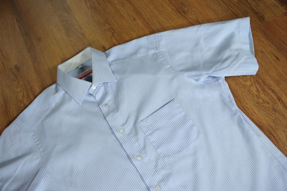 Koszula Marvelis r. 43 slim fit niebiesko-biała paski bawełna krótki rękaw