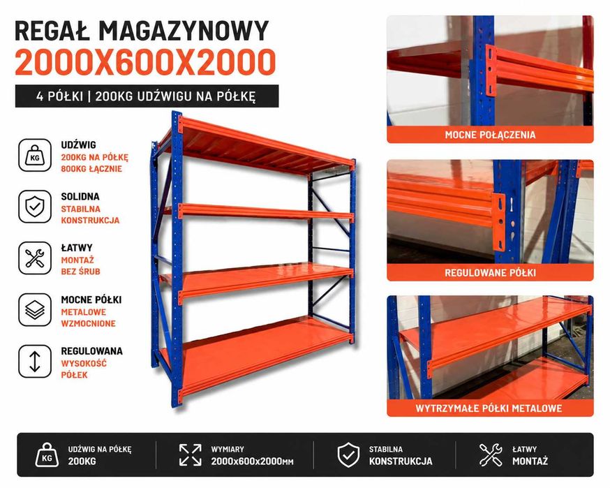 Profesjonalne Regały Magazynowe 2000x600x2000mm 4 Półki