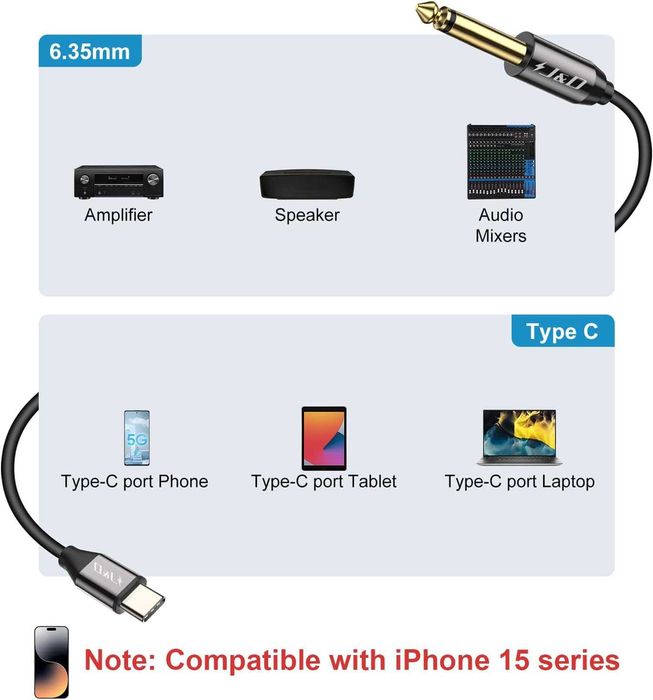 USB-C na 6,35 mm 1/4 cala kabel adaptera Aux, pozłacany 1m J&D spp39