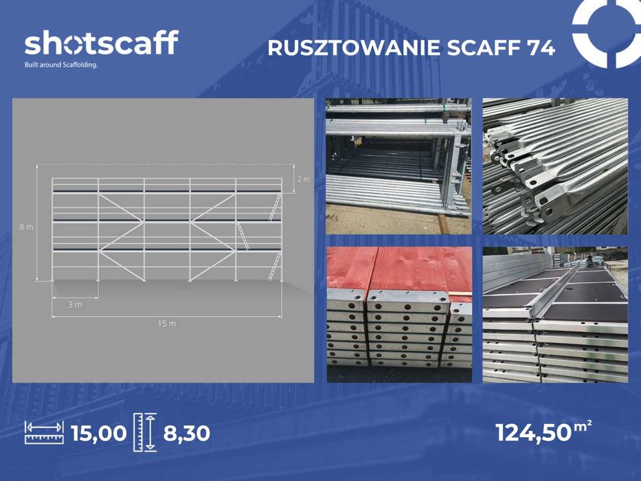 Rusztowanie nowe elewacyjne stalowe fasadowe Plettac 8,3 m wysokości na 15m długości =125m2 nowe/używane stal