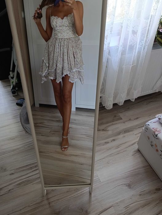 Sukienka damska rozkloszowana letnia kwiatki falbany koronka s