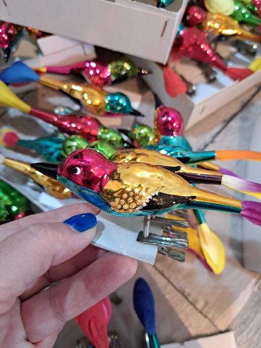 Bombki szklane ptaszki na klipsie unikat retro styl prl
