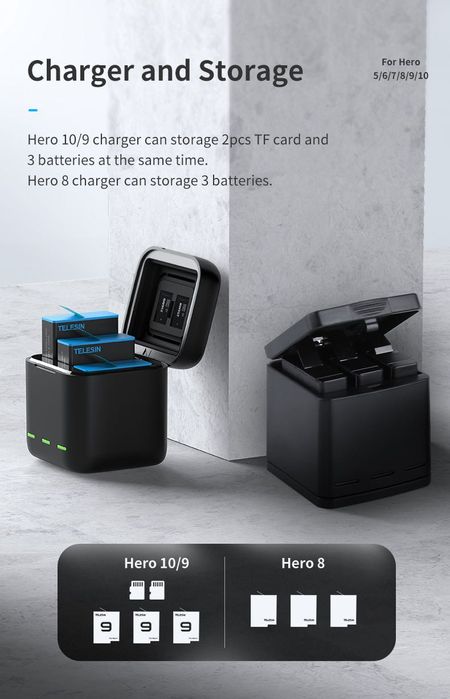 3x Baterias Gopro 5 6 7 8 Carregador Go Pro Hero