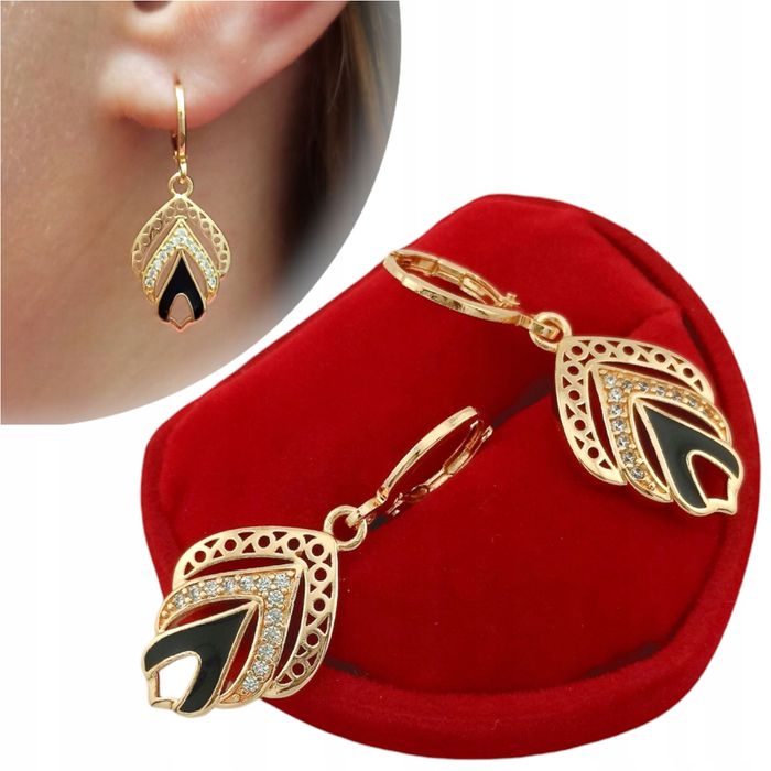 Złote Kolczyki Wiszące Ażurowo Czarne Z Cyrkoniami Wyjątkowe  K1866