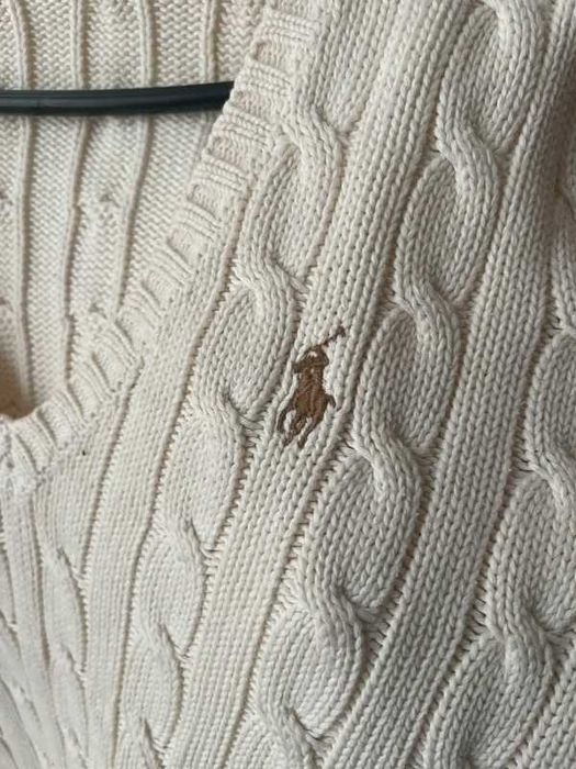 damski sweter warkocz Ralph Lauren beige creme old money classic Vneck