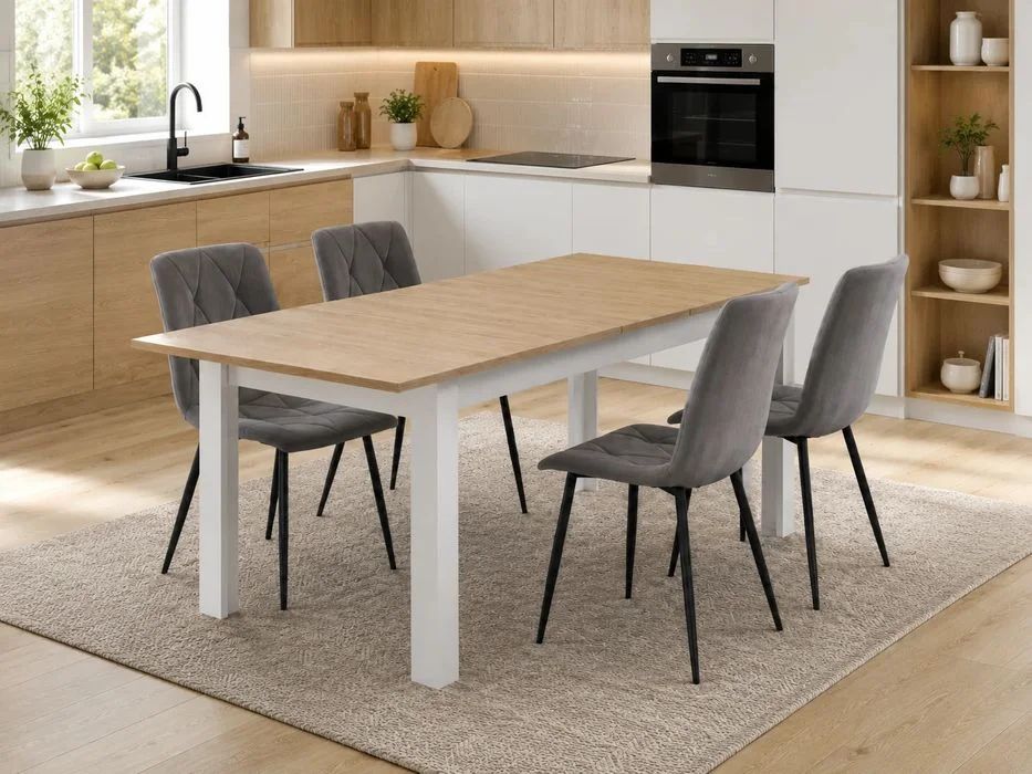 NOWY Stół Rozkładany 120/160x80 cm Duży z Krzesłami Do Kuchni Jadalni Salonu Stół Dąb Sonoma Biały i Krzesła Kuchenny Meble do Domu Zestaw Komplet FV!