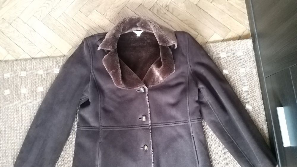 Płaszcz zimowy kożuch 123 Un Deux Trois brąz zamsz zamszowy nowy